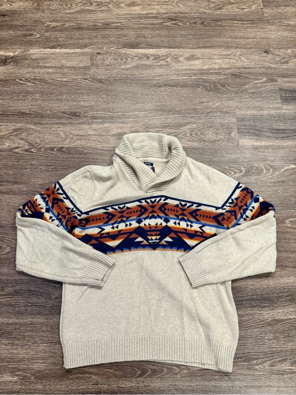 Men’s XL Southwestern Geometric Shawl Collar Pullover Sweater Oatmeal Blue